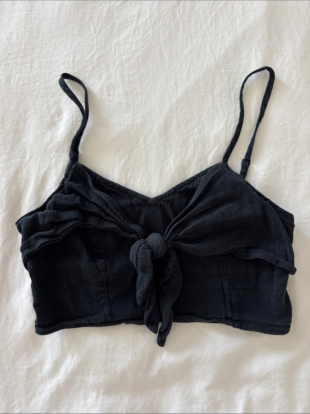 aerie Black Tie-Front Spaghetti Strap Crop Top